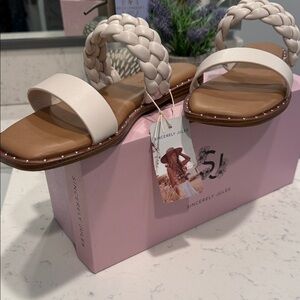 Sincerely Jules Cream Braided Strap Slide Sandals with Brown Footbed